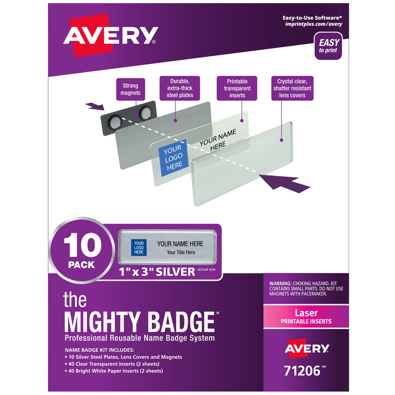Avery Reusable Magnetic Professional Name Badge System, 1" x 3" Silver Name Tags, 10 Identification Badges, 80 Laser Printable Inserts, Design Software Included (71206)